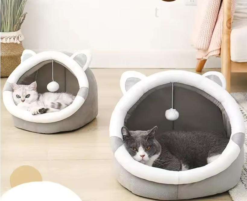 Kattennest met Kattenoren – Semi-Gesloten Zacht Huisdierbed, Afneembaar & Gezellig