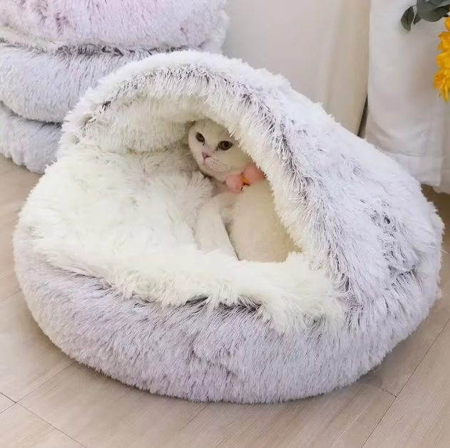 Zacht Pluche Rond Kattenbed – Comfortabele 2-in-1 Slaapzak & Huisdiermand