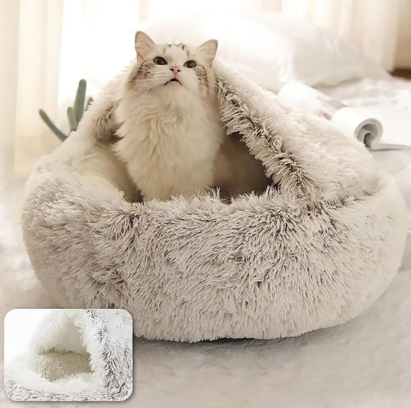 Zacht Pluche Rond Kattenbed – Comfortabele 2-in-1 Slaapzak & Huisdiermand