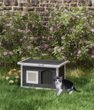 Kattenhuis voor Buiten – Houten Grot met Krabmat & Deurflap, Grijs