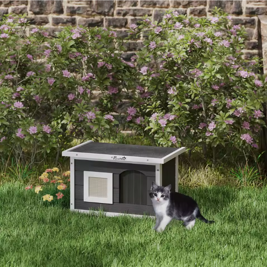 Kattenhuis voor Buiten – Houten Grot met Krabmat & Deurflap, Grijs