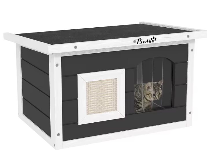 Kattenhuis voor Buiten – Houten Grot met Krabmat & Deurflap, Grijs