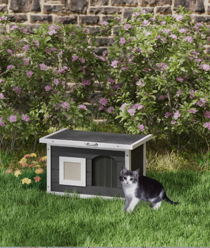 Kattenhuis voor Buiten – Houten Grot met Krabmat & Deurflap, Grijs