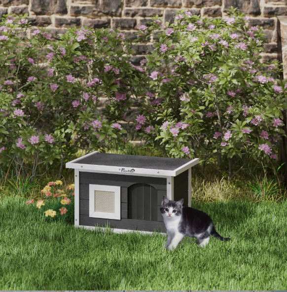 Kattenhuis voor Buiten – Houten Grot met Krabmat & Deurflap, Grijs