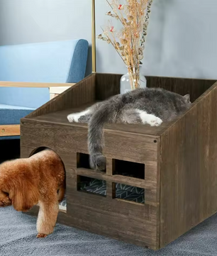 2-in-1 Houten Kattenhuis – Bijzettafel & Huisdierbed met Wasbaar Kussen