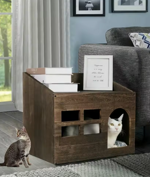 2-in-1 Houten Kattenhuis – Bijzettafel & Huisdierbed met Wasbaar Kussen