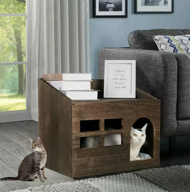 Massief Houten Kattenhuis met Kussen – Kattenbed & Grot voor Binnen