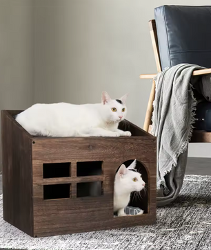 2-in-1 Houten Kattenhuis – Bijzettafel & Huisdierbed met Wasbaar Kussen