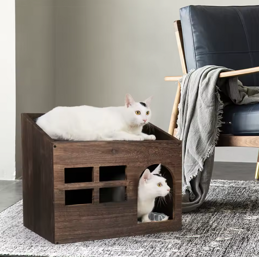 Houten Kattenhuis met Kussen – Kattenbed, Grot & Opslagplank