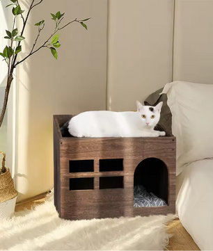 2-in-1 Houten Kattenhuis – Bijzettafel & Huisdierbed met Wasbaar Kussen