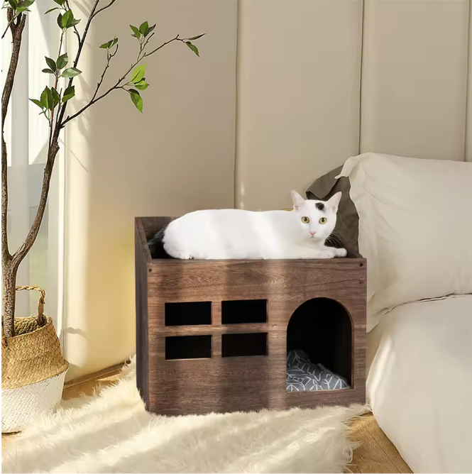 2-in-1 Houten Kattenhuis – Bijzettafel & Huisdierbed met Wasbaar Kussen