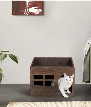 2-in-1 Houten Kattenhuis – Bijzettafel & Huisdierbed met Wasbaar Kussen