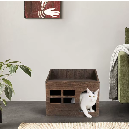 2-in-1 Houten Kattenhuis – Bijzettafel & Huisdierbed met Wasbaar Kussen