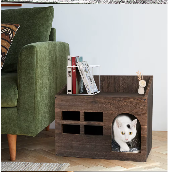 2-in-1 Houten Kattenhuis – Bijzettafel & Huisdierbed met Wasbaar Kussen