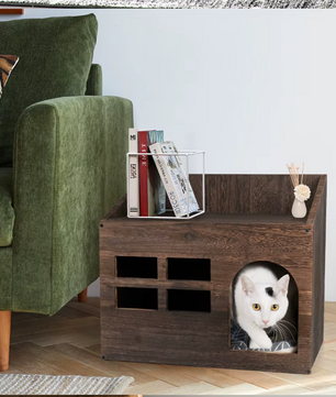 Houten Kattenhuis met Kussen – Kattenbed, Grot & Opslagplank