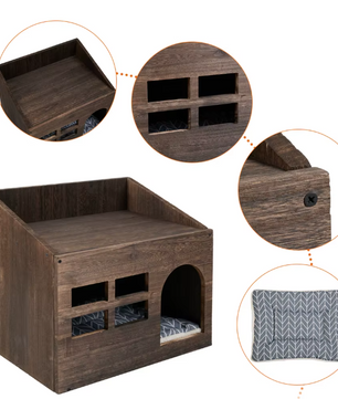 2-in-1 Houten Kattenhuis – Bijzettafel & Huisdierbed met Wasbaar Kussen