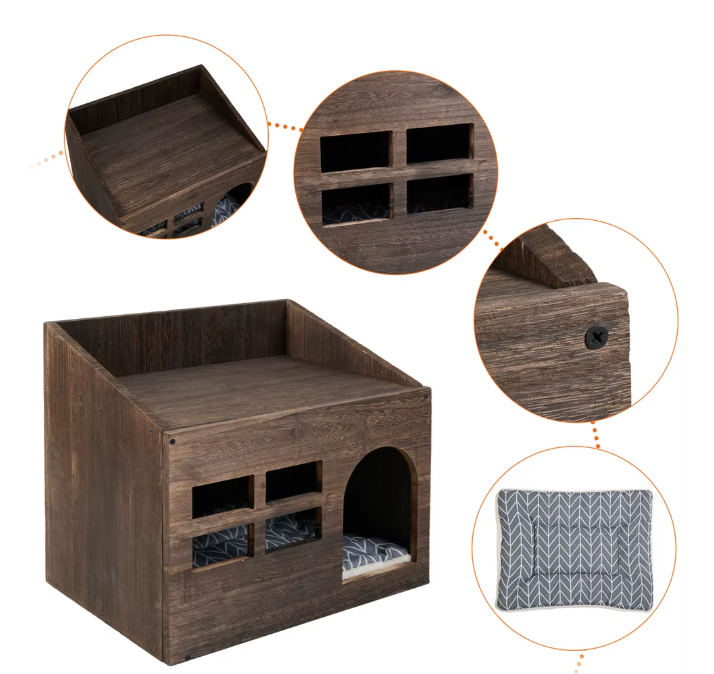 2-in-1 Houten Kattenhuis – Bijzettafel & Huisdierbed met Wasbaar Kussen