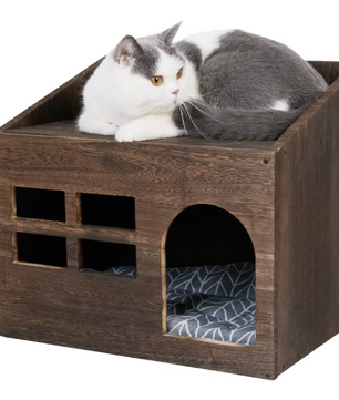2-in-1 Houten Kattenhuis – Bijzettafel & Huisdierbed met Wasbaar Kussen