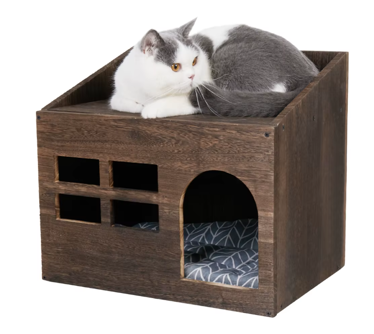 Houten Kattenhuis met Kussen – Kattenbed, Grot & Opslagplank