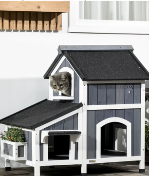 2-laags Houten Kattenhuis – Weerbestendig Buitenhuis met Asfaltdak & Meerdere Ingangen