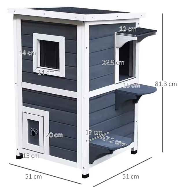 2-laags Houten Kattenvilla – Kattenhuis met Trap, Deuren & Asfaltdak