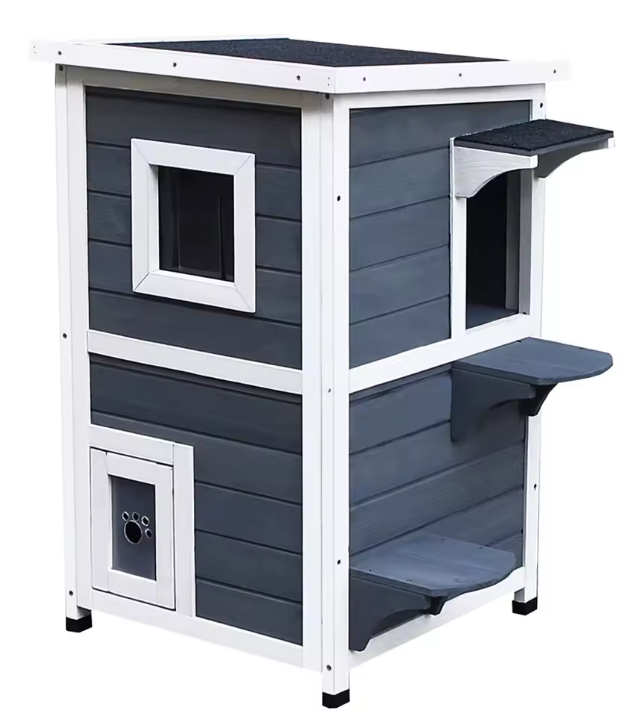 2-laags Houten Kattenvilla – Kattenhuis met Trap, Deuren & Asfaltdak