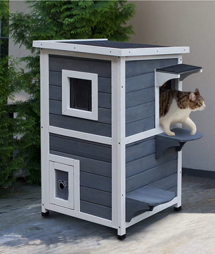 2-laags Houten Kattenvilla – Kattenhuis met Trap, Deuren & Asfaltdak