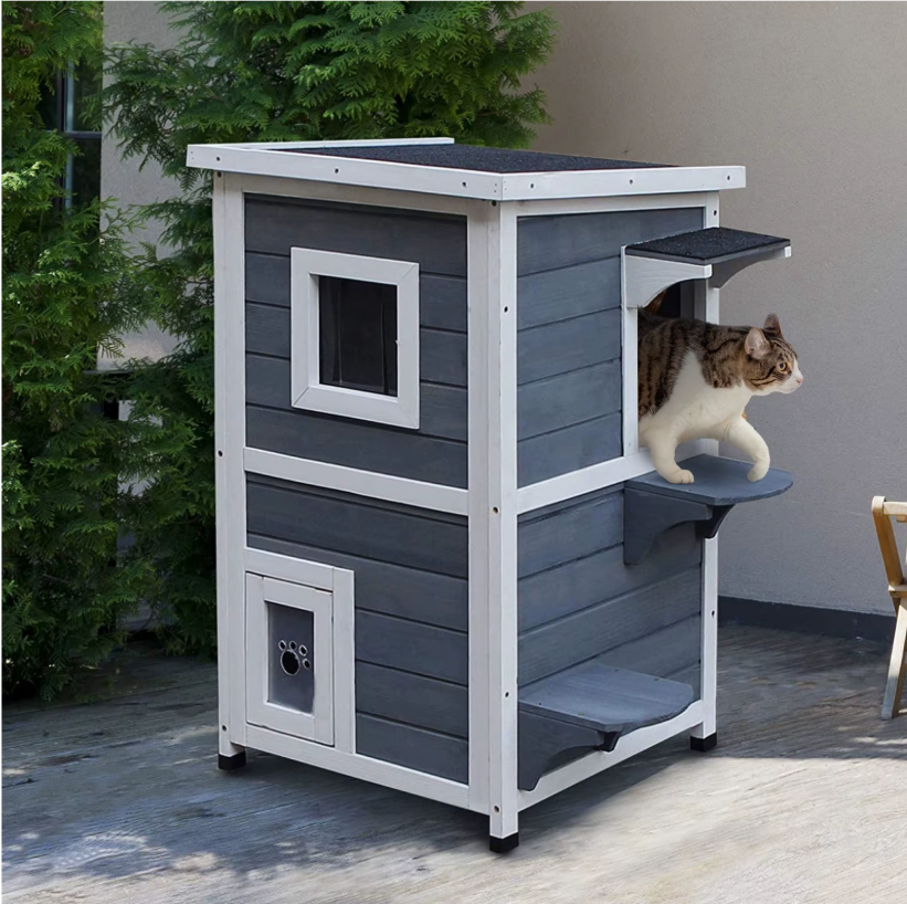 2-laags Houten Kattenvilla – Kattenhuis met Trap, Deuren & Asfaltdak