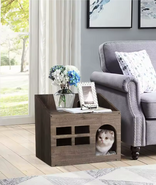 Houten Kattenhuis met Kussen – Kattenbed, Grot & Opslagplank
