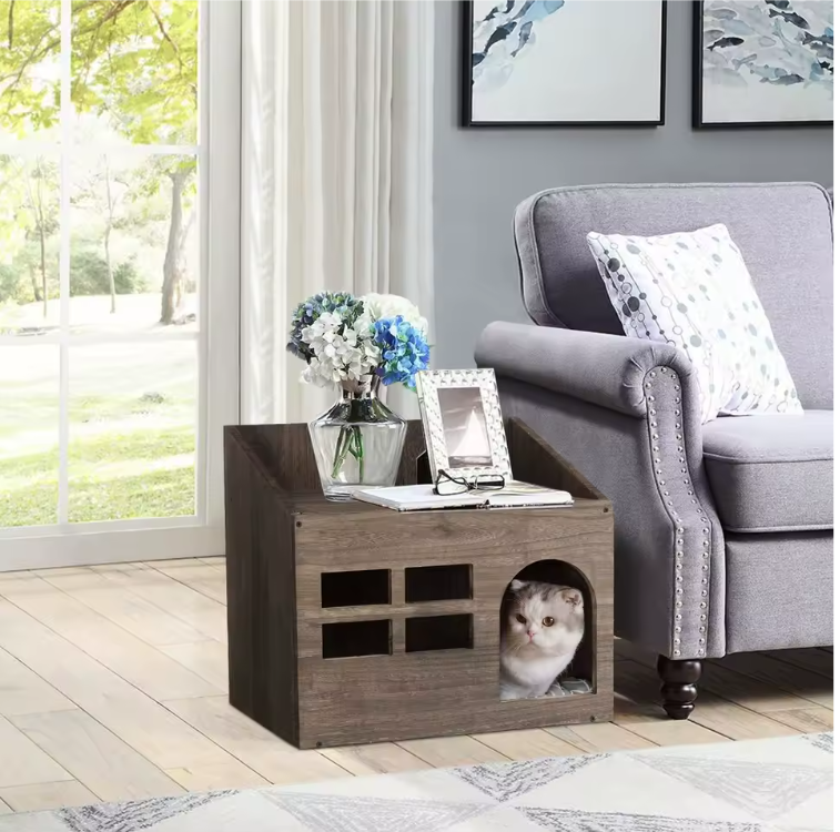 Houten Kattenhuis met Kussen – Kattenbed, Grot & Opslagplank