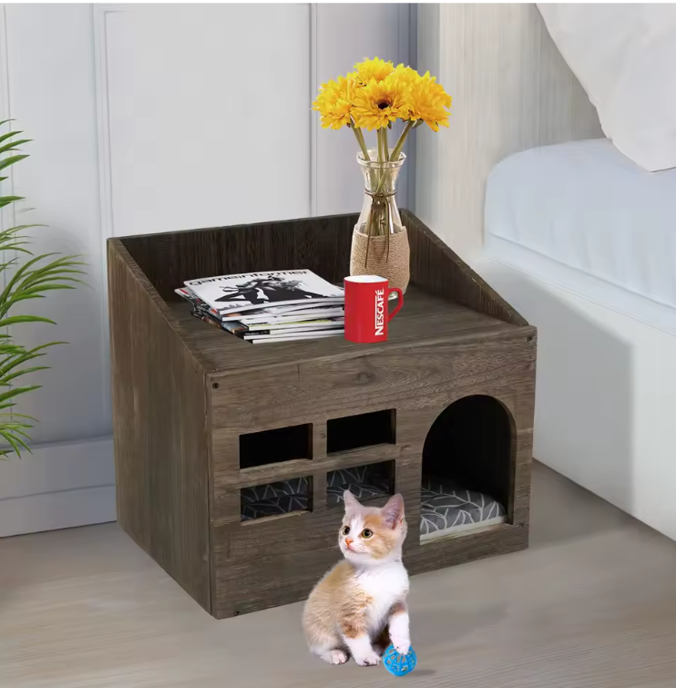 Houten Kattenhuis met Kussen – Kattenbed, Grot & Opslagplank