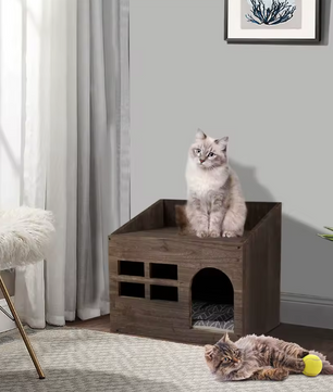 Houten Kattenhuis met Kussen – Kattenbed, Grot & Opslagplank