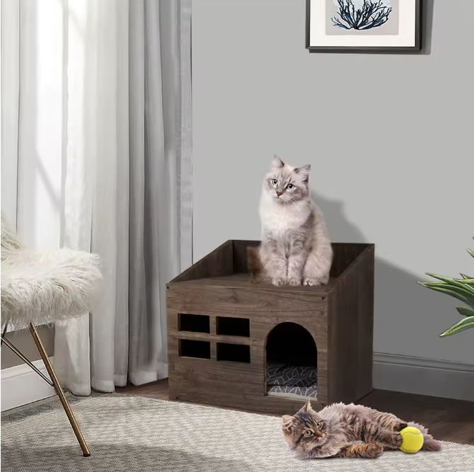 Houten Kattenhuis met Kussen – Kattenbed, Grot & Opslagplank