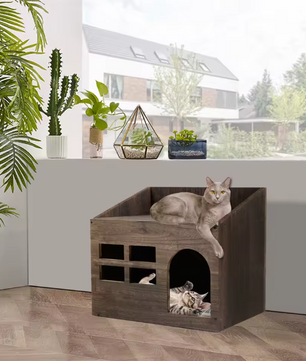 Houten Kattenhuis met Kussen – Kattenbed, Grot & Opslagplank