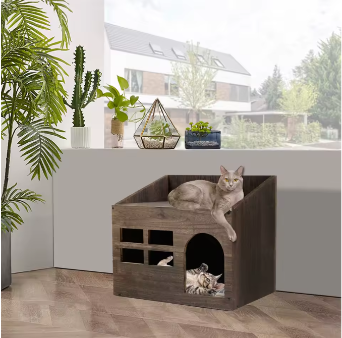 Houten Kattenhuis met Kussen – Kattenbed, Grot & Opslagplank