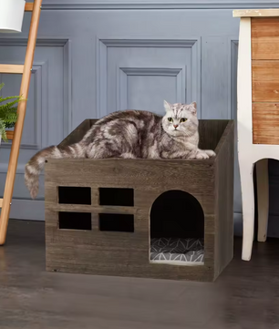 Houten Kattenhuis met Kussen – Kattenbed, Grot & Opslagplank