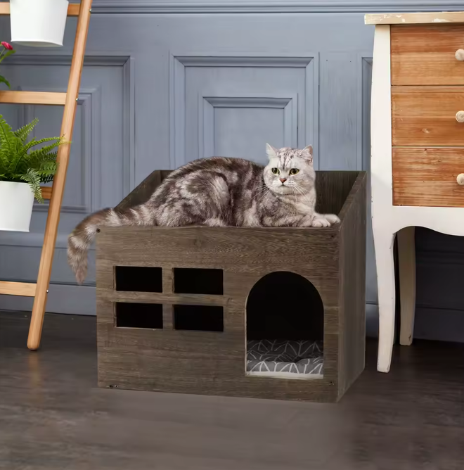 Houten Kattenhuis met Kussen – Kattenbed, Grot & Opslagplank