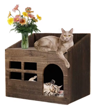 Massief Houten Kattenhuis met Kussen – Kattenbed & Grot voor Binnen