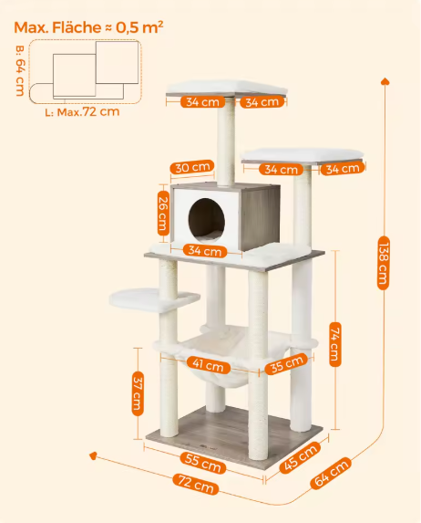 Kattenboom 138 cm – Moderne Krabpaal met Grot, Hangmat & Platforms