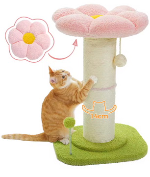 Bloem Krabpaal voor Katten – Compacte Krabpaal met Dikke Sisalpaal, Hangspeeltjes & Comfortabel Kattenbed