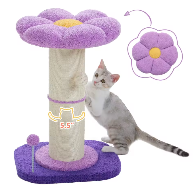Bloem Krabpaal voor Katten – Compacte Krabpaal met Dikke Sisalpaal, Hangspeeltjes & Comfortabel Kattenbed