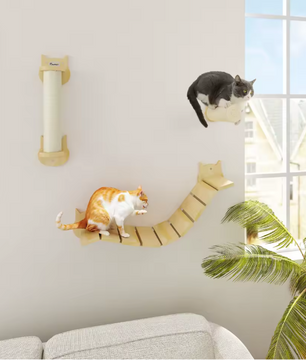 Kattenklimmuur 3-delig – Houten Klimset met Krabpaal, Ladder & Plateau