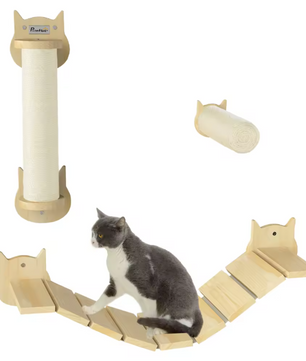 Kattenklimmuur 3-delig – Houten Klimset met Krabpaal, Ladder & Plateau