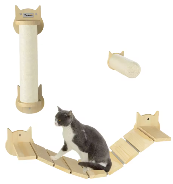 Kattenklimmuur 3-delig – Houten Klimset met Krabpaal, Ladder & Plateau