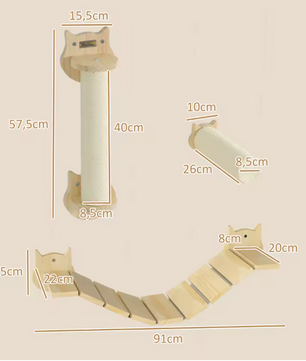 Kattenklimmuur 3-delig – Houten Klimset met Krabpaal, Ladder & Plateau