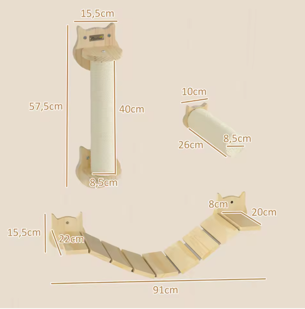 Kattenklimmuur 3-delig – Houten Klimset met Krabpaal, Ladder & Plateau