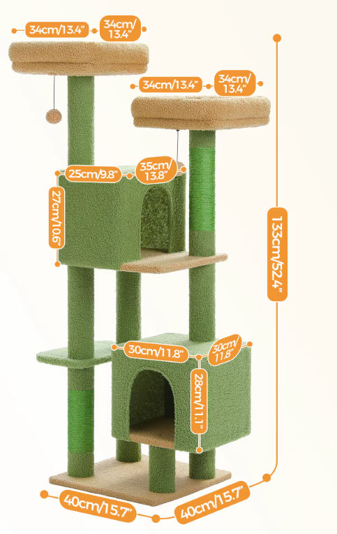 Cactus Krabpaal 133 cm – Kattenboom met Condos, Zitstokken & Sisal