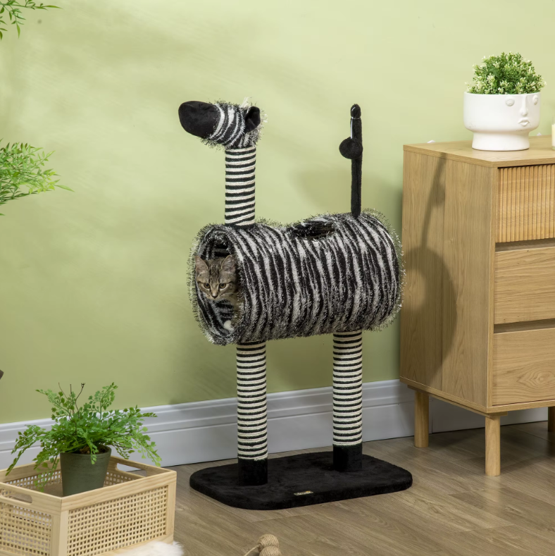 Krabpaal Zebra Design – Kattenboom met Tunnel, Speelbal & Sisalpalen