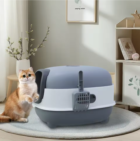 Ovale Kattenbak met Kap en Vooringang – Ingesloten Kattentoilet met Lade & Schep