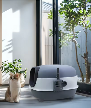 Ovale Kattenbak met Kap en Vooringang – Ingesloten Kattentoilet met Lade & Schep